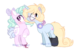 Size: 1024x680 | Tagged: safe, artist:blue-versper, derpibooru import, oc, oc only, oc:love shield twinkle, oc:nellie starlight, pony, unicorn, base used, bow, clothes, female, glasses, hair bow, headphones, mare, simple background, socks, transparent background
