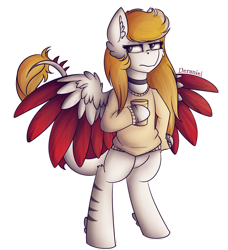 Size: 1434x1573 | Tagged: safe, artist:deraniel, derpibooru import, oc, oc:silver hush, pegasus, pony, clothes, female, food, mare, ponysona, redraw, simple background, solo, tea, transparent background