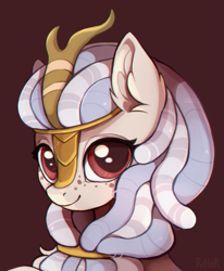 Size: 1815x2203 | Tagged: safe, artist:ritter, derpibooru import, kirin, sounds of silence, bust, cute, dreadlocks, ear fluff, female, freckles, horn, looking at you, mare, portrait, simple background, smiling, solo