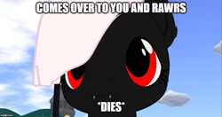 Size: 944x499 | Tagged: safe, artist:midnightruby, oc, oc only, oc:midnight ruby, bat pony, pony, 3d, bust, caption, cloud, cloudy, cute, cute little fangs, fangs, female, filly, looking at you, meme, portrait, rawr, red eyes, second life, solo