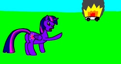 Size: 1214x648 | Tagged: safe, artist:samueljcollins1990, twilight sparkle, twilight sparkle (alicorn), alicorn, pony, angry, car, explosion, fire, smoke, solo, the italian job, truck