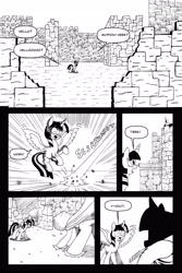 Size: 3304x4952 | Tagged: safe, artist:leon-z, twilight sparkle, twilight sparkle (alicorn), alicorn, pony, comic:returns endings & beginnings, cloak, clothes, comic, energy blast, ruins, silhouette