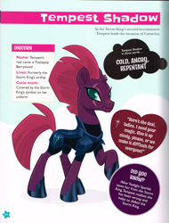 Size: 2112x2775 | Tagged: safe, derpibooru import, fizzlepop berrytwist, tempest shadow, pony, unicorn, my little pony: the movie, armor, book, broken horn, cute, eye scar, female, horn, looking at you, mare, my little pony: character guide, official, pretty pretty tempest, quote, raised hoof, scan, scanned, scar, smiling, tempestbetes