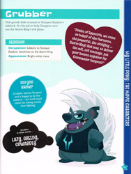 Size: 2082x2770 | Tagged: safe, derpibooru import, grubber, my little pony: the movie, clothes, male, my little pony: character guide, official, open mouth, scan, scanned, shirt