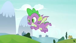 Size: 1920x1080 | Tagged: safe, derpibooru import, screencap, spike, dragon, father knows beast, flying, male, smiling, solo, tail, winged spike