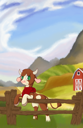 Size: 6600x10200 | Tagged: safe, artist:lula-moonarts, arizona cow, cow, pony, them's fightin' herds, absurd resolution, bipedal, bipedal leaning, cloven hooves, community related, female, fence, leaning, solo