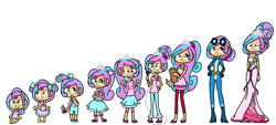 Size: 1385x627 | Tagged: safe, artist:obeliskgirljohanny, princess flurry heart, human, adult, age progression, baby, braces, child, clipboard, clothes, flower, grown, humanized, jewelry, lidded eyes, lipstick, looking at you, looking up, microphone, older, older flurry heart, open mouth, teenager, tiara, timeline, toddler, uniform, wonderbolts, wonderbolts uniform