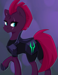 Size: 2975x3850 | Tagged: safe, artist:lula-moonarts, tempest shadow, pony, unicorn, my little pony: the movie, armor, broken horn, eye scar, female, mare, raised hoof, scar, scar on the wrong side, solo