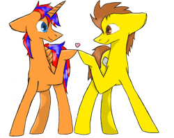 Size: 1002x797 | Tagged: safe, artist:thepierules, oc, oc only, oc:david ness, oc:toffee, alicorn, earth pony, pony, alicorn oc, colored pupils, gay, heart, hoofbump, looking at each other, male, oc x oc, shipping, simple background, stallion, transparent background