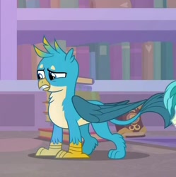 Size: 640x642 | Tagged: safe, derpibooru import, screencap, gallus, sandbar, griffon, what lies beneath, book, bookshelf, chest fluff, claws, cropped, library, offscreen character, paws, tail, wings