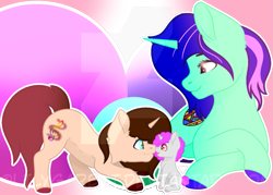 Size: 1509x1079 | Tagged: safe, artist:lilygarent, oc, oc only, oc:cotton cream, oc:dede, oc:stitched heart, pony, unicorn, baby, baby pony, female, filly, mare, prone, sisters