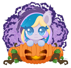 Size: 800x760 | Tagged: safe, artist:exceru-karina, oc, oc only, oc:moonlight waves, bat pony, halloween, holiday, jack-o-lantern, pumpkin, solo