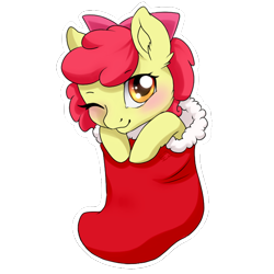 Size: 688x688 | Tagged: safe, artist:tokokami, derpibooru import, apple bloom, earth pony, pony, adorabloom, christmas, christmas stocking, cute, female, filly, holiday, one eye closed, simple background, solo, transparent background, wink