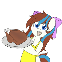 Size: 1000x1000 | Tagged: safe, oc, oc only, oc:breezy, bird, apron, bipedal, bow, clothes, cooked, dead, food, hair bow, holiday, patreon, patreon reward, ponies eating meat, simple background, thanksgiving, transparent background, tray, turkey