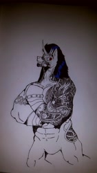 Size: 2121x3771 | Tagged: safe, artist:krashface, derpibooru import, oc, oc only, oc:dark ice, anthro, muscles, solo, tattoo