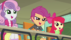 Size: 1280x720 | Tagged: safe, derpibooru import, screencap, apple bloom, scootaloo, sweetie belle, better together, equestria girls, happily ever after party, happily ever after party: rarity, >:d, cutie mark crusaders, evil grin, female, smiling, smirk, trio, trio female