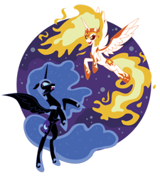 Size: 600x666 | Tagged: safe, artist:xkappax, daybreaker, nightmare moon, duo, rearing, simple background, transparent background