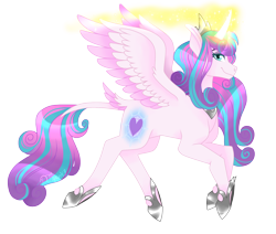 Size: 1814x1540 | Tagged: safe, artist:djspark3, princess flurry heart, alicorn, pony, curved horn, glowing horn, hoof shoes, jewelry, leonine tail, older, regalia, signature, simple background, smiling, solo, spread wings, transparent background, wings