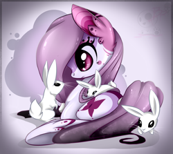 Size: 1210x1080 | Tagged: safe, artist:bloody-pink, derpibooru import, oc, oc:kamely, earth pony, pony, rabbit, female, mare, prone, rabbnit, solo