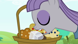 Size: 1280x720 | Tagged: safe, screencap, maud pie, earth pony, pony, maud pie (episode), basket, eyes closed, female, food, mare, muffin, open mouth, picnic basket, rock, solo