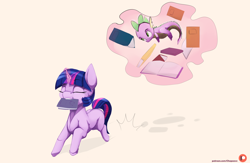 Size: 2000x1300 | Tagged: safe, artist:chapaevv, derpibooru import, spike, twilight sparkle, dragon, book, bookhorse, female, filly, filly twilight sparkle, glowing horn, happy, magic, male, mouth hold, patreon, patreon logo, running, simple background, telekinesis, that pony sure does love books, younger