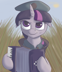 Size: 2000x2300 | Tagged: safe, artist:jellerjar, twilight sparkle, pony, unicorn, accordion, dat face soldier, female, floppy ears, mare, meme, military, musical instrument, reference, remove kebab, serbia strong, solo