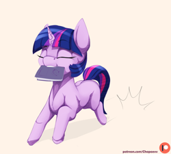 Size: 1000x900 | Tagged: safe, artist:chapaevv, derpibooru import, twilight sparkle, pony, book, bookhorse, female, filly, filly twilight sparkle, happy, magic, patreon, patreon logo, running, simple background, younger