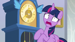 Size: 1280x720 | Tagged: safe, derpibooru import, screencap, twilight sparkle, twilight sparkle (alicorn), alicorn, school raze, clock, solo