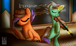 Size: 2800x1700 | Tagged: safe, artist:elmutanto, oc, oc only, oc:cleft note, oc:emerald symphony, unicorn, colt, duo, duo male, gay, male, music, oc x oc, piano, school, shipping, violin