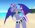 Size: 1024x819 | Tagged: safe, derpibooru import, oc, oc only, oc:rainy night, anthro, pegasus, anthro oc, bandana, beach, beach volleyball, clothes, female, green eyes, mare, purple hair, sand, shorts, sky, sports, sports bra, tree, volleyball, water