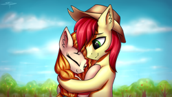 Size: 4000x2250 | Tagged: safe, artist:setharu, bright mac, pear butter, earth pony, pony, brightbutter, cloud, couple, ear fluff, eyes closed, female, hat, hug, looking down, male, mare, outdoors, shipping, signature, sky, smiling, stallion, straight, tree