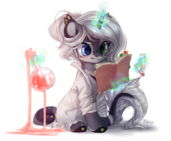 Size: 2067x1712 | Tagged: safe, artist:graypillow, oc, oc only, pony, unicorn, book, chemistry, clothes, female, florence flask, glowing horn, heterochromia, lab coat, magic, mare, potion, reading, solo, spill, telekinesis