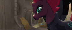 Size: 960x400 | Tagged: safe, screencap, tempest shadow, pony, my little pony: the movie, animated, broken horn, cute, eye scar, gif, horn, looking at you, pretty pretty tempest, scar, silly, silly little ponies, silly pony, smiling, smirk, storm guard, when she smiles