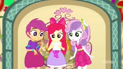 Size: 1920x1080 | Tagged: safe, screencap, apple bloom, scootaloo, sweetie belle, a photo booth story, eqg summertime shorts, equestria girls, apple bloom's bow, bow, clothes, cute, cutie mark crusaders, dress, fall formal outfits, hair bow, open mouth