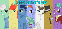 Size: 2240x1074 | Tagged: safe, artist:hendro107, derpibooru import, bow hothoof, bright mac, firelight, gentle breeze, hondo flanks, igneous rock pie, night light, earth pony, pegasus, pony, unicorn, dad six, father's day, female, male, mare, my little pony logo, stallion