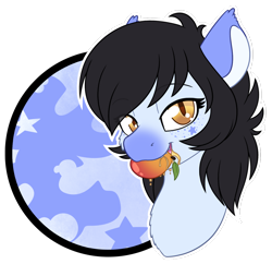 Size: 1280x1239 | Tagged: safe, artist:mynder, derpibooru import, oc, oc only, oc:mitzy, bat pony, pony, food, fruit, lidded eyes, mango, mouth hold, solo