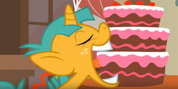 Size: 1000x500 | Tagged: safe, screencap, snails, pony, unicorn, call of the cutie, cake, colt, food, great moments in animation, male, solo