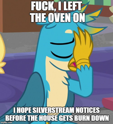 Size: 500x550 | Tagged: safe, derpibooru import, edit, edited screencap, screencap, gallus, silverstream, griffon, what lies beneath, caption, chest fluff, claws, cropped, eyes closed, facepalm, gallstream, grammar error, image macro, implied gallstream, male, meme, shipping, straight, vulgar, wings