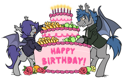 Size: 1297x832 | Tagged: safe, artist:egophiliac, oc, oc only, oc:dusk rhine, oc:racket rhine, bat pony, birthday, birthday cake, brothers, cake, candle, clothes, cute, duo, food, fruit, glasses, hoodie, jacket, lime, male, mouth watering, orange, salivating, simple background, tongue out, transparent background