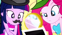 Size: 1920x1080 | Tagged: safe, screencap, pinkie pie, twilight sparkle, a photo booth story, eqg summertime shorts, equestria girls, cute, fake moustache, fall formal outfits, magnifying glass, twiabetes