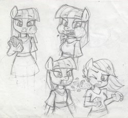Size: 1271x1180 | Tagged: safe, artist:dertikleen, limestone pie, maud pie, anthro, earth pony, pony, burp, duo, duo female, eating, female, pie sisters, rock, siblings, sisters, traditional art