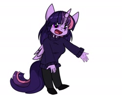 Size: 2380x1908 | Tagged: safe, artist:duop-qoub, derpibooru import, twilight sparkle, twilight sparkle (alicorn), alicorn, anthro, clothes, collar, descended twilight, female, looking at you, open mouth, pants, shoes, simple background, smiling, solo, sweater, tumblr, tumblr 2018 nsfw purge, white background