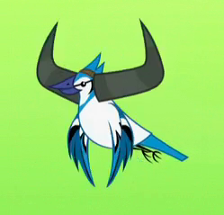 Size: 249x239 | Tagged: safe, derpibooru import, screencap, bird, blue jay, party pooped, animal, cropped, fake horns, flying, green background, simple background, solo, yak horns