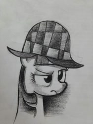 Size: 780x1040 | Tagged: safe, artist:jchu9151, twilight sparkle, bust, detective, hat, monochrome, solo, traditional art