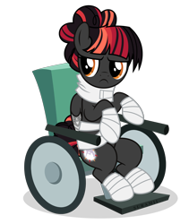 Size: 3784x4488 | Tagged: safe, artist:suramii, oc, oc only, oc:night vision, pegasus, pony, bandage, female, injured, mare, ouch, simple background, solo, transparent background, wheelchair