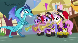 Size: 728x406 | Tagged: safe, screencap, princess ember, dragon, pony, triple threat, band, fist, menacing, musical instrument, ponyville, trumpet