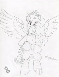 Size: 3022x3926 | Tagged: safe, artist:andandampersand, oc, oc only, oc:queen dj booty princess, alicorn, butterfly, alicorn oc, bowtie, chest fluff, crown, female, headphones, heart, jewelry, joke oc, mary sue, monochrome, regalia, rolex watch, solo, wingding eyes