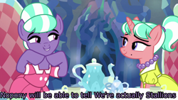 Size: 1280x720 | Tagged: safe, derpibooru import, edit, edited screencap, screencap, pony, what lies beneath, caption, crossdressing, image macro, stepford ponies, text, unnamed pony