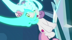 Size: 1280x720 | Tagged: safe, derpibooru import, screencap, sweetie belle, pony, unicorn, school raze, female, filly, foal, hand, magic, magic hands, out of context, solo, trapped