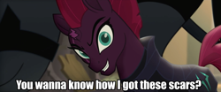 Size: 1920x799 | Tagged: safe, edit, edited screencap, screencap, tempest shadow, pony, unicorn, my little pony: the movie, armor, broken horn, eye scar, female, horn, image macro, mare, meme, scar, silly little ponies, slasher smile, solo focus, the dark knight, the joker